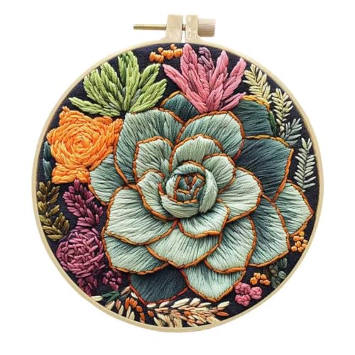 HINITOYOU Beginner Embroidery Kit for Adults, Succulents Embroidery Kit Stamped Embroidery Patterns Kits Included 6in Bamboo Hoops,Instructions,Color Threads for Craft Lover Hand Stitch