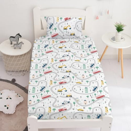 Yasida Twin Kids Fitted Sheets Road Traffic Themed Sheet and Pillowcases Set Cute Cartoon Truck Bed Boys Twin Sheet Set 2 Piece Bedding Decor Set（No Top Sheet） Yasida