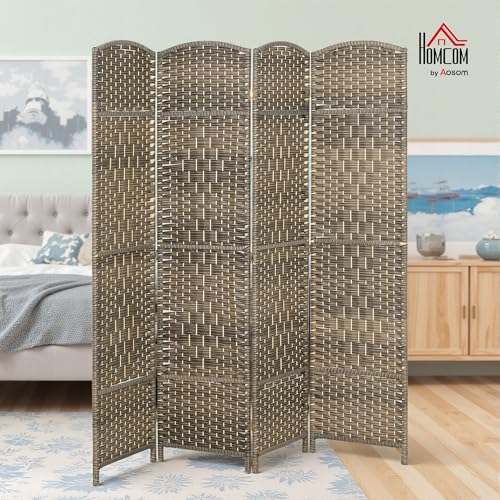 HOMCOM 4 Panel Room Divider, 6' Tall Folding Privacy Screen, Woven Freestanding Wall Partition for Home Office, Bedroom, Dark Rustic Oak HOMCOM