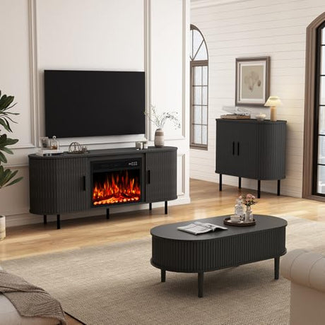 BREEZEHEAT 65'' Mid Century Modern Fluted TV Stand with 23" Fireplace, Curved Fireplace Entertainment Center for TVs Up to 75 Inches, Black Media Console Cabinet for Living Room BREEZEHEAT