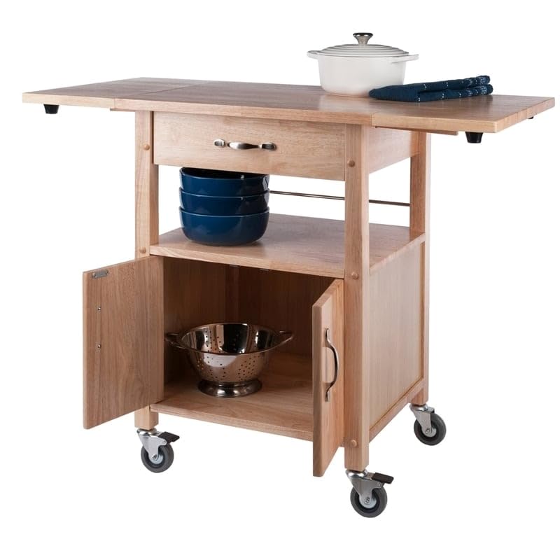 Pemberly Row Transitional Wood Drop Leaf Butcher Block Kitchen Cart in Natural Pemberly Row