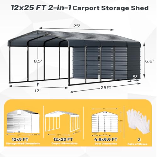 EROMMY 12x25 FT Carport Storage Shed 2-in-1, Heavy Duty Car Port with Galvanized Metal Frame, Base-Reinforced Enclosed Storage Shelter, Extended Coverage for Trucks, Cars & All Vehicles, Gray EROMMY