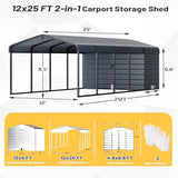EROMMY 12x25 FT Carport Storage Shed 2-in-1, Heavy Duty Car Port with Galvanized Metal Frame, Base-Reinforced Enclosed Storage Shelter, Extended Coverage for Trucks, Cars & All Vehicles, Gray EROMMY