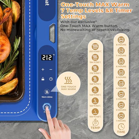 Warming Mat for Food Extra Large 32"x15", Electric Silicone Food Warmer Trays for Chafing Dishes & Buffet,Portable Countertop Food Warmers for Parties, 7-Level Temp 8-Hour Timer， Blue FJAU