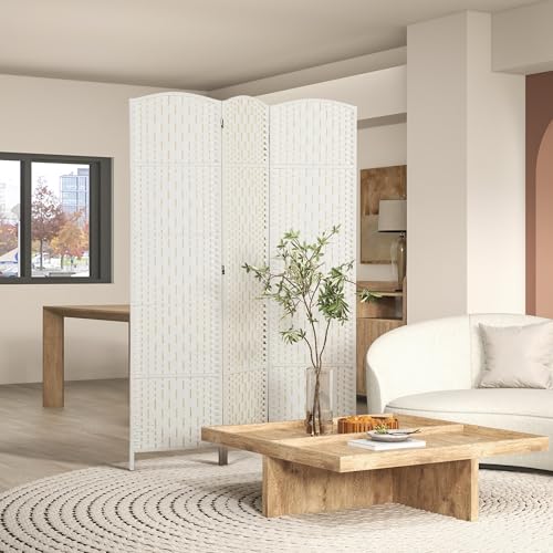 HOMCOM Room Divider, 3 Panel Folding Privacy Screen, 6FT Tall Portable Wicker Weave Partition Wall Divider for Bedroom, Home Office, White HOMCOM