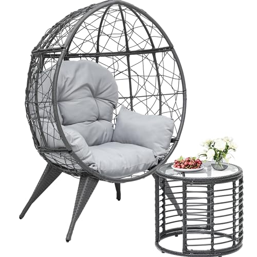 YITAHOME Egg Chair with Table Outdoor Egg Lounge Chair with Cushion Wicker Chair PE Rattan Chair Table Included for Patio, Garden, Backyard, Porch, Gray