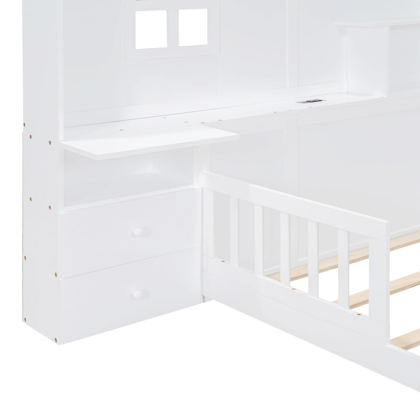 MERITLINE White Montessori Floor Bed with House Design, Drawers, Shelves, and USB Ports for Kids - WoodArtSupply