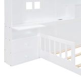 MERITLINE White Montessori Floor Bed with House Design, Drawers, Shelves, and USB Ports for Kids MERITLINE