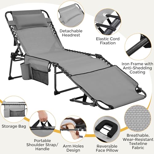 Yaheetech 26.4" Tanning Chair with Face Hole, Adjustable 5-Position Folding Chaise Lounge Chairs, Outdoor Lounge Chairs for Lawn, Beach, Patio, Gray