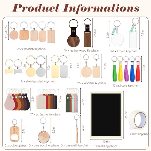Tondiamo 122 Pcs Laser Engraving Blanks Keychains Bulk Laser Cutting Engraving Materials Accessories Including Wood, Stainless Steel, Acrylic, PU Leather, Silicone and Marking Paper Tape for Laser Tondiamo