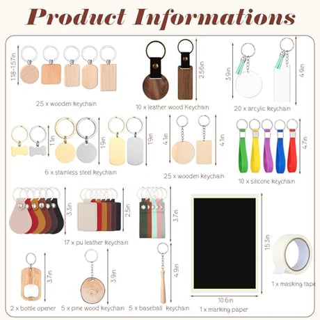 Tondiamo 122 Pcs Laser Engraving Blanks Keychains Bulk Laser Cutting Engraving Materials Accessories Including Wood, Stainless Steel, Acrylic, PU Leather, Silicone and Marking Paper Tape for Laser Tondiamo