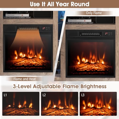 GOFLAME Corner Fireplace TV Stand with LED Lights for TVs up to 50”, Modern Entertainment Center with Electric Fireplace, Remote & Smart APP Control, TV Console with Adjustable Glass Shelves, Gray GOFLAME