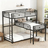 KMBOHE Twin Size L-Shaped Triple Bunk Bed with 3 Twin Beds, Space Saving Corner Design for Multiple Kids, Metal Frame with Built-in Ladder & Full-Length Guardrails, No Box Spring Needed, Black KMBOHE