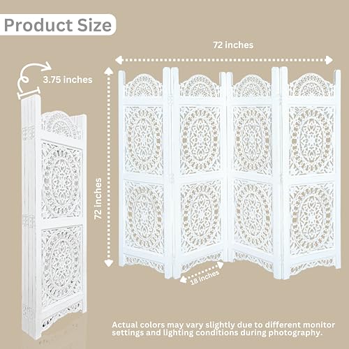 Lightnpro 4-Panel Wooden Room Divider 48 × 64 Inch Antique White Finish - Hand-Carved Oval Folding Privacy Screen, Pre-Assembled Decorative Partition for Living Room, Bedroom & Home Office Light & Pro
