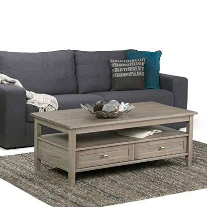 SIMPLIHOME Warm Shaker SOLID WOOD 48 Inch Wide Rectangle Transitional Coffee Table in Distressed Grey, For the Living Room and Family Room - WoodArtSupply