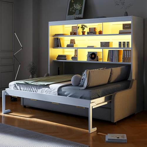 Quarte Full Size Murphy Bed with Folding Sofa & Built-in Storage Shelves, Space-Saving Wall Bed Frame with LED Lights, Safety Lock, Easy Assembly Quarte
