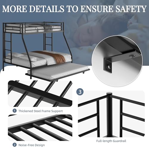 Shintenchi Bunk Bed Twin Over Full Size with Trundle, Heavy-Duty Twin&Full Frame with Full-Length Guardrail and Two Ladders, Triple for Kids, Teens and Adults, Space-Saving, Black Shintenchi