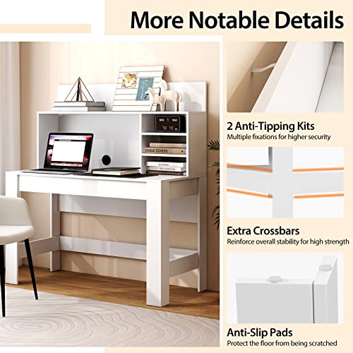 Giantex White Desk with Hutch, Home Office Desk with Bookshelf, Computer Workstation PC Laptop Table with Anti-Toppling Device & Cable Hole, Modern Study Writing Desk for Small Spaces, Bedroom Giantex