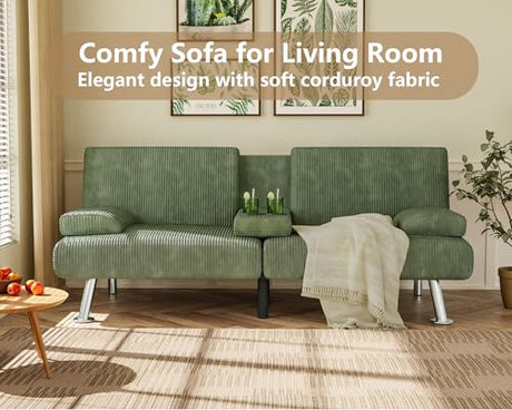 Flamaker Futon Sofa Bed Corduroy Folding Couch Adjustable Sleeper Sofa Bed for Small Apartment Upholstered Living Room Furniture Set with 2 Cup Holders Removable Armrests (Corduroy, Green) Flamaker