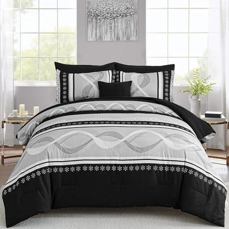 Anibedding Black Comforter Set King Size,8 Pieces Boho Bed in a Bag Patchwork Striped Comforter Set, Soft Microfiber Bedding Set for All Season(104"×90") Anibedding