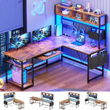 SEDETA L Shaped Gaming Desk with Hutch, 57.5” Reversible Corner Computer Desk with Storage Shelves, Gaming Desk with Pegboard, LED Lights, Power Outlet, Keyboard Tray (Rustic Brown) SEDETA