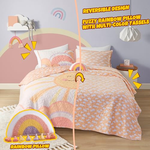 Intelligent Design Kids Twin Quilt Bedding Set, Cotton Coverlet Sun Girls Bedding Set Rainbow & Clouds Reversible Dawn Light & Breathable Sham Throw Pillow Twin Yellow/Coral 3 Piece Intelligent Design