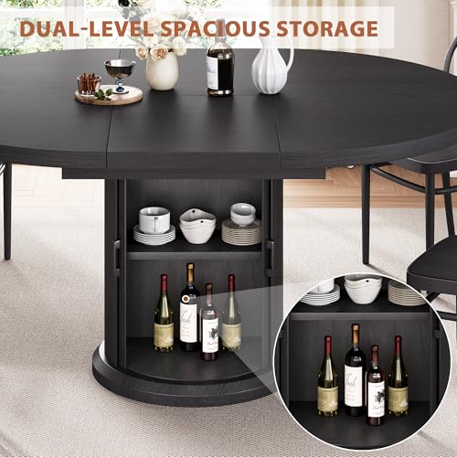 Jocoevol 47″–63″ Extendable Round Dining Table for 4–8 with Dust-Proof 2-Tier Storage Shelf Space Saving Expandable Wood Oval Circle Dinner Furniture with Pedestal Base (Black) Jocoevol