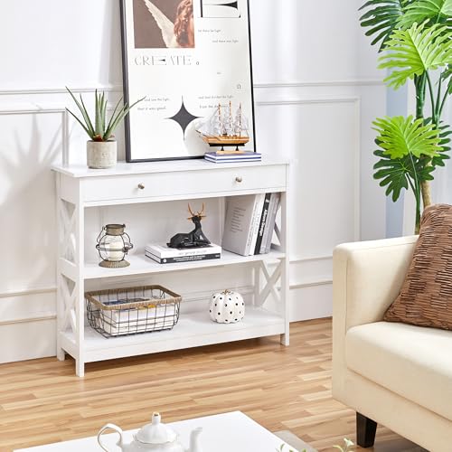 Yaheetech Console Table with Drawer, 3-Tier Entryway Table with Storage Shelves, Wood Narrow Sofa Table for Entryway/Hallway/Living Room, White