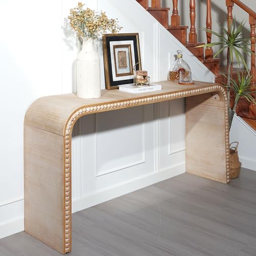 FGXJY 59" Natural Wood Console Table with Curved Waterfall-Style, Rustic Wooden Entryway Table with Wood Beads, Farmhouse Sofa Table Behind Couch for Living Room, Hallway, Entrance FGXJY