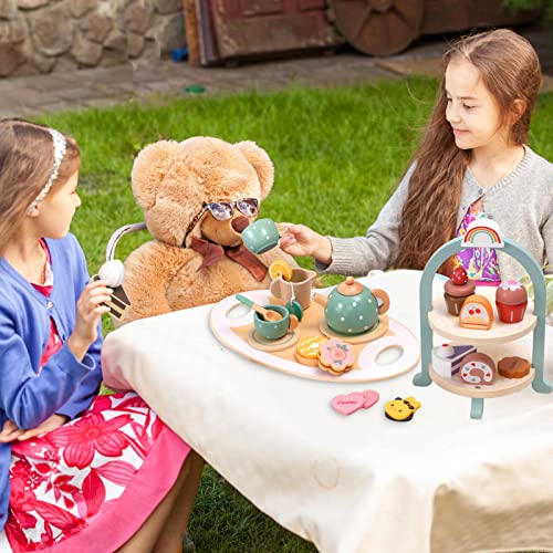 Atoylink Wooden Tea Party Set for Little Girls 28 Pcs Toddler Tea Set with Cupcake Stand & Food Pretend Play Accessories Kids Kitchen Playset Wooden Toys for 2 3 4 5 6 Year Old Girl Birthday Gift Atoylink