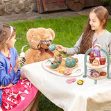 Atoylink Wooden Tea Party Set for Little Girls 28 Pcs Toddler Tea Set with Cupcake Stand & Food Pretend Play Accessories Kids Kitchen Playset Wooden Toys for 2 3 4 5 6 Year Old Girl Birthday Gift Atoylink