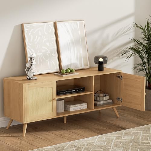 DIYART Oak TV Stand for 60 Inch TV, Wooden Mid Century Modern Entertainment Center with Natural Rattan Door, Boho Media TV Console for Living Room DIYART