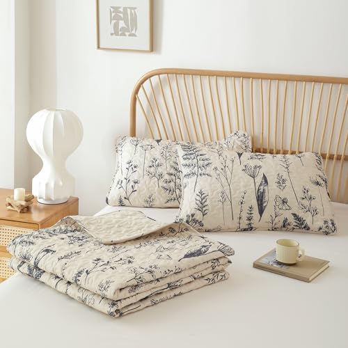 JANZAA Twin Quilt Beige Quilt Bed Spread Boho Quilt with Floral Pattern Microfiber Quilts Set 2 Pieces Lightweight Comforter Reversible Bedding Set,1Quilt 66x90 inches,1 Pillowcase JANZAA