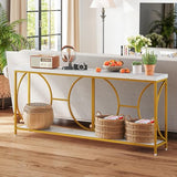 GOFLAME 71” Extra Long Console Table, 2-Tier Faux Marble Entryway Table with Storage Shelf, Geometric Metal Frame, Modern Gold Accent Table, Narrow Sofa Table for Living Room, Hallway GOFLAME