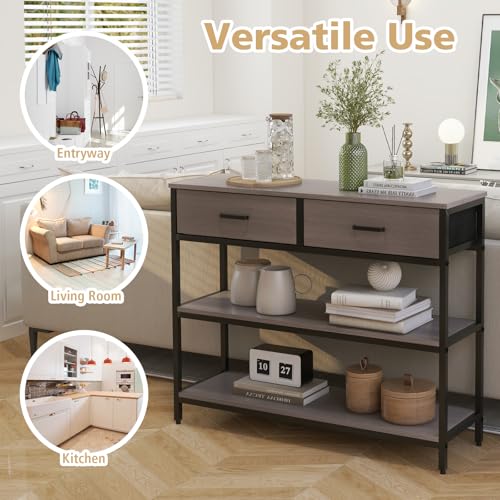 Giantex 3-Tier Entryway Table with Storage, Sofa Table w/ 2 Large Drawers, 2 Open Storage Shelves, Anti-toppling Device, Side Table w/Metal Frame, Console Table for Hallway, Living Room, Grey Oak Giantex