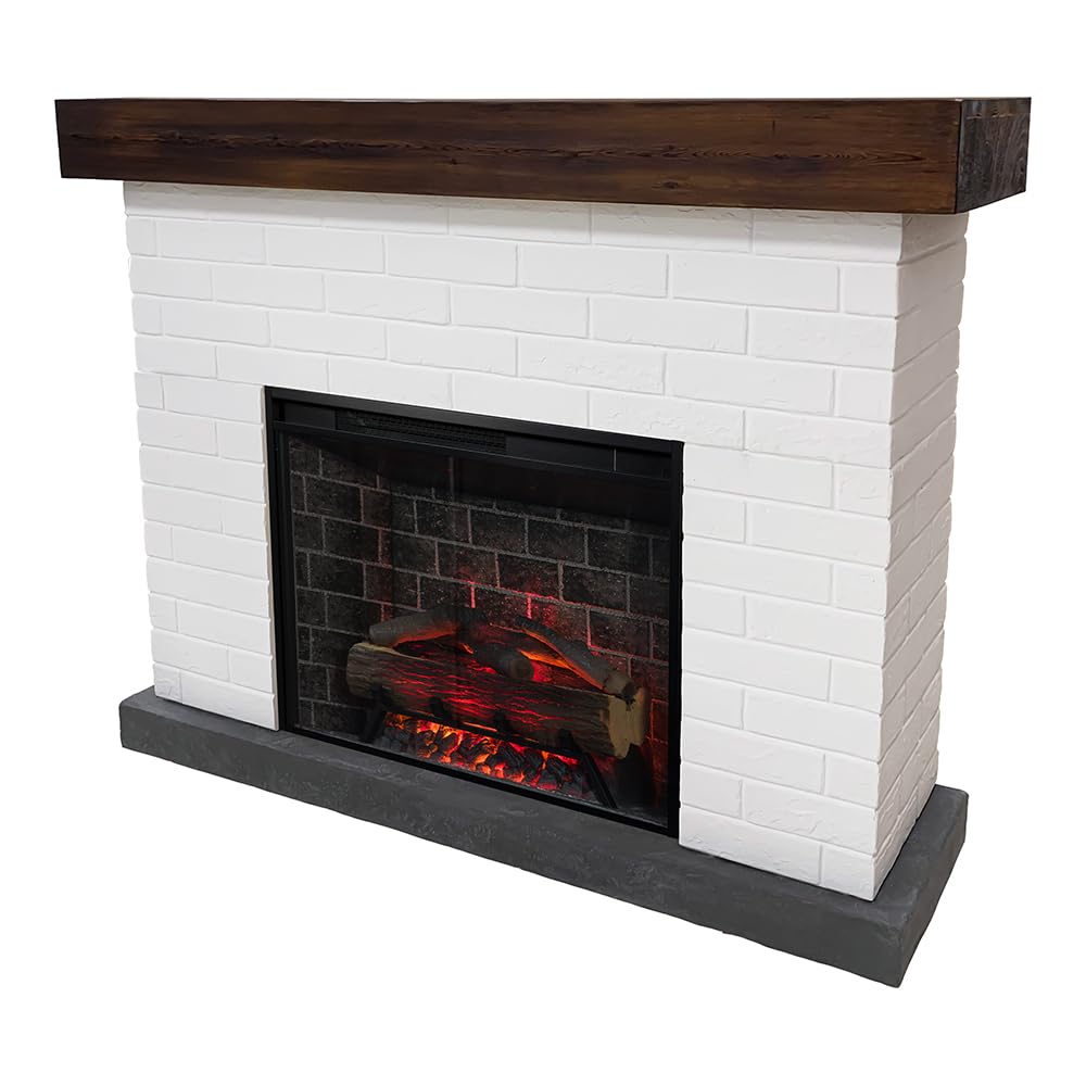 Country Living Jackson 55 Inch Mantel Package | Wood Mantel with White Brick Surround | 28 Inch Smart Electric Fireplace Insert w/Remote | Alexa & Google Compatible | Multi-Color LED Flames | 1500W