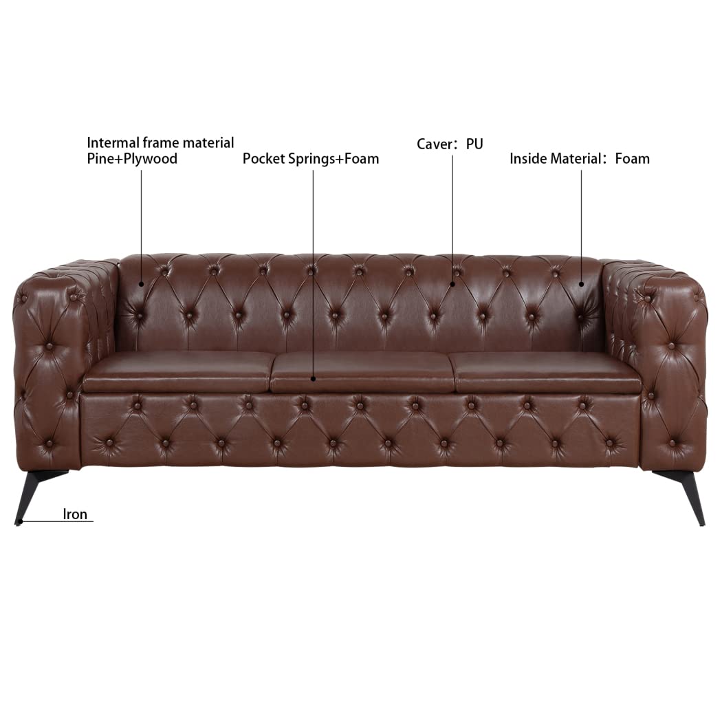 84" Chesterfield Couch PU Leather, Traditional Square Arm Removable Cushion 3 Seater Sofa, Tufted Button Trim with Iron Legs for Living Room Office (Dark Brown) Yuxuanhang