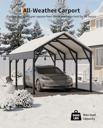 GarveeLife 10x15 ft Metal Carport, Reinforced Frame and Steel Roof for All-Weather Use, Permanent Shelter for Bass Boats, Sedans, and Tractors GarveeLife
