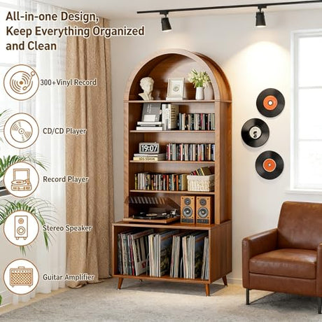 Limaoaio Large Record Player Stand with Vinyl Storage,6-Tier Arched Record Player Table Holds Up 350+ Albums, Turntable Stand with CD/DVD Rack,Vinyl Record Storage for Living Room(Walnut, 31.49''W) Limaoaio