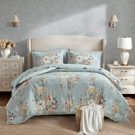 Madison Park Essentials Floral Comforter Set Cal King Size, Vintage Flower Bedding Set with Sheet Set, 7 Pieces Bed in a Bag, Reversible Botanical Comforter, Pillowcases & Shams, Heather, Soft Blue Madison Park