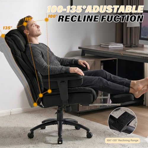 Big and Tall Office Chair 400LBS with Foot Rest & Waist Lumber Support, Ergonomic Gaming Chair with 2D Armrests, High-Back Leather Reclining Executive Chair for Home, Office, Black ChaGeer