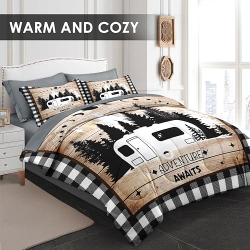 Pamnest Comforter Set King Size, Camping Camper Rv 7 Pcs Bedding for Kids and Adults, Car Family Bed Sheet Sets with Fitted Sheet 2 Pillowcases & 2 Shams for Bedroom Bed Decor Pamnest
