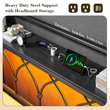 EnHomee 54" King Bed Frame with Tall Storage Headboard, Metal King Size Bed Frame with LED Lights and Power Outlets, Sturdy & Noise-Free, Metal Slats, No Box Spring Needed, Black EnHomee