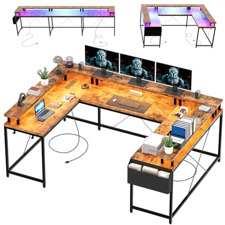 U Shaped Desk with Power Outlets, USB Ports & RGB LED Lights, 79 Inch Large Corner Computer Desk with Monitor Stand, Reversible Gaming Desk for Home Office, Ergonomic Workstation (Rustic Brown) Patikuin