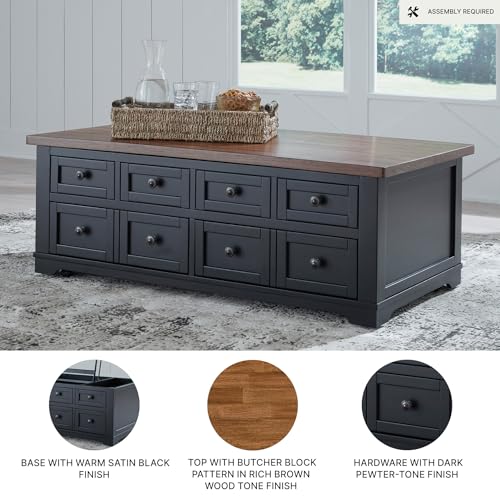 Signature Design by Ashley Wildenauer Lift Top Cocktail Table, Satin Finish Base, 2 Drawers, 2 Storage Bins, Hardwood Solids, 52" W x 28" D x 19" H, Light Brown & Black Signature Design by Ashley
