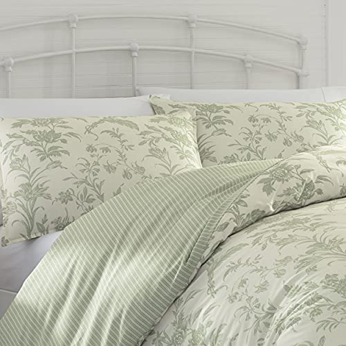 Laura Ashley Home - King Duvet Cover Set, Reversible Cotton Bedding, Includes Matching Shams with Bonus Euro Shams & Throw Pillows (Natalie Green, King) Laura Ashley
