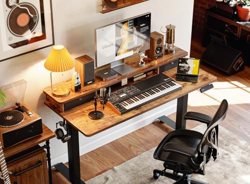 BANTI 55x24 Inch Electric Standing Desk with Dual Drawers, Height Adjustable Stand Up Table, Sit Stand Home Office Desk with Storage Shelf, Black Frame/Rustic Brown Top BANTI