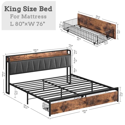 LIKIMIO King Size Bed Frame, Storage Headboard with Charging Station, Platform Bed with Drawers, No Box Spring Needed, Easy Assembly, Industrial Brown and Gray LIKIMIO