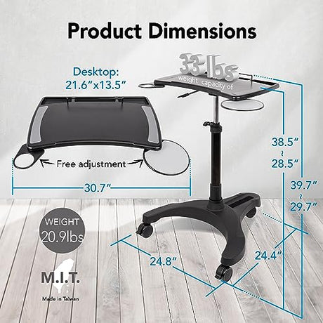 EHO Mobile Laptop Standing Desk Carts on Wheels with Stationery Storage, Pneumatic, Height Adjustable Rolling Stand, Sit to Stand Computer Cart, Workstation for Home, Office, Medical and School EHO