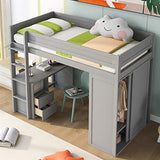 Merax Loft Bed Twin with Desk and Wardrobe, Storage Design with Drawers & Cabinet, Wood Loft Bed Frame for Adult, Teen Girls & Boys(Grey) Merax